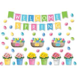 Welcome Spring Bulletin Board Set with Flowers, Eggs and Math Activity Pieces, 97 Pieces