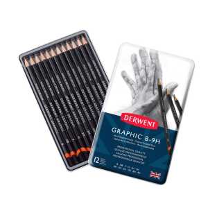 Graphic Hard Graphite Pencils, 12 Degrees in Metal Tin