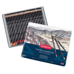 Tinted Charcoal and Charcoal Pencils, 24-Count Metal Tin